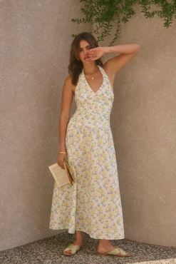 Vacation Dresses|Brunch Dresses>Fortunate One Limoncello Halter Maxi Dress Yellow