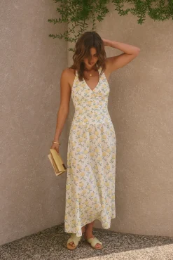 Vacation Dresses|Brunch Dresses>Fortunate One Limoncello Halter Maxi Dress Yellow