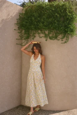 Vacation Dresses|Brunch Dresses>Fortunate One Limoncello Halter Maxi Dress Yellow