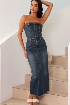 Date Night Dresses|Brunch Dresses>Lioness Vista Denim Dress Denim Blue