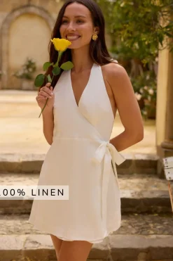 Vacation Dresses|Brunch Dresses>Fortunate One Lucia 100% Linen Mini Dress White