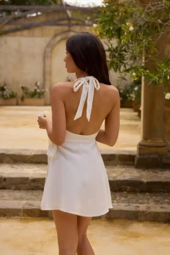 Vacation Dresses|Brunch Dresses>Fortunate One Lucia 100% Linen Mini Dress White