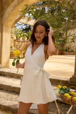 Vacation Dresses|Brunch Dresses>Fortunate One Lucia 100% Linen Mini Dress White
