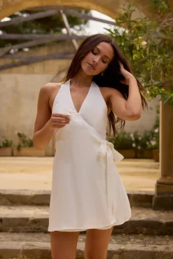 Vacation Dresses|Brunch Dresses>Fortunate One Lucia 100% Linen Mini Dress White