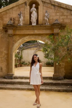 Vacation Dresses|Brunch Dresses>Fortunate One Lucia 100% Linen Mini Dress White