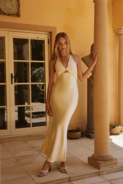 Formal Dresses|Cocktail Dresses>Hello Molly Luna Looks Satin Maxi Dress Yellow