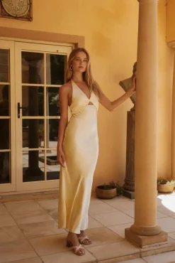 Formal Dresses|Cocktail Dresses>Hello Molly Luna Looks Satin Maxi Dress Yellow