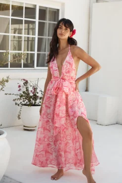 Cocktail Dresses|Floral Dresses>Hello Molly Magic Meadow Halter Maxi Dress Pink