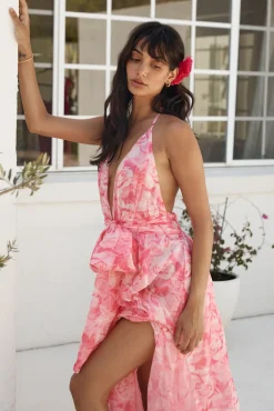 Cocktail Dresses|Floral Dresses>Hello Molly Magic Meadow Halter Maxi Dress Pink