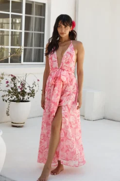Cocktail Dresses|Floral Dresses>Hello Molly Magic Meadow Halter Maxi Dress Pink