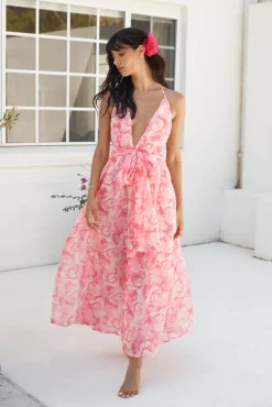 Cocktail Dresses|Floral Dresses>Hello Molly Magic Meadow Halter Maxi Dress Pink