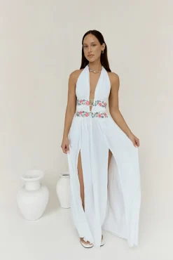 Vacation Dresses|Brunch Dresses>Hello Molly Maldives Garden Halter Maxi Dress White