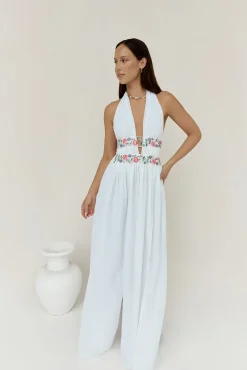 Vacation Dresses|Brunch Dresses>Hello Molly Maldives Garden Halter Maxi Dress White