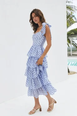 Wedding Guest Dresses|Cocktail Dresses>SOFIE THE LABEL Mediterranean Muse Tiered Midi Dress Blue