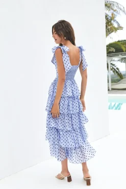 Wedding Guest Dresses|Cocktail Dresses>SOFIE THE LABEL Mediterranean Muse Tiered Midi Dress Blue