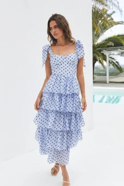 Wedding Guest Dresses|Cocktail Dresses>SOFIE THE LABEL Mediterranean Muse Tiered Midi Dress Blue