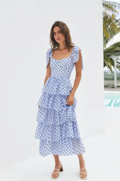 Wedding Guest Dresses|Cocktail Dresses>SOFIE THE LABEL Mediterranean Muse Tiered Midi Dress Blue