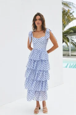 Wedding Guest Dresses|Cocktail Dresses>SOFIE THE LABEL Mediterranean Muse Tiered Midi Dress Blue