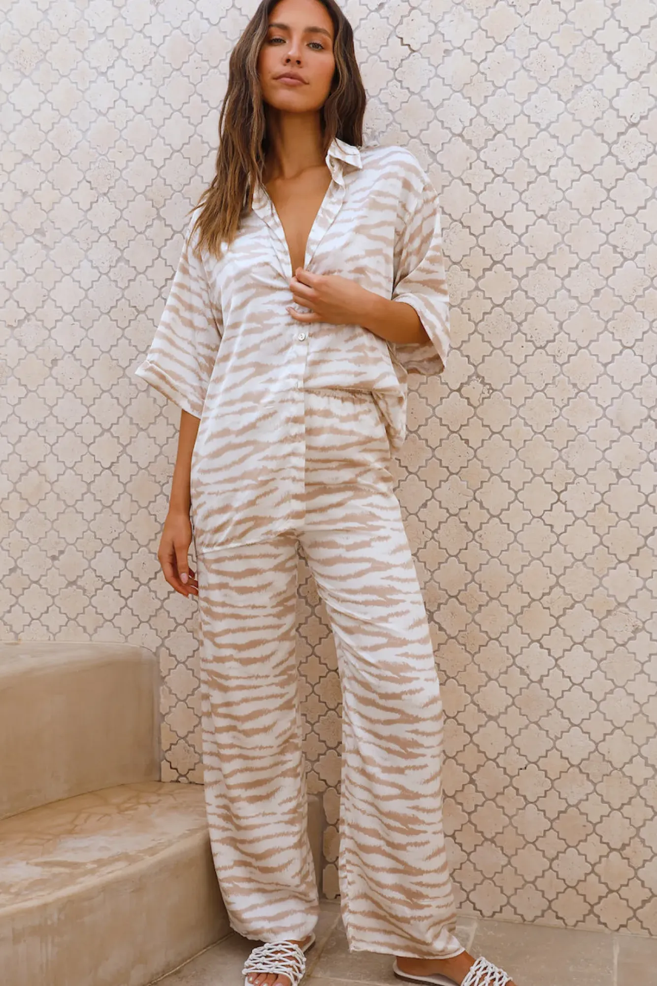Cropped|Two-Piece Pants Set>Hello Molly Midnight Melody Set Beige