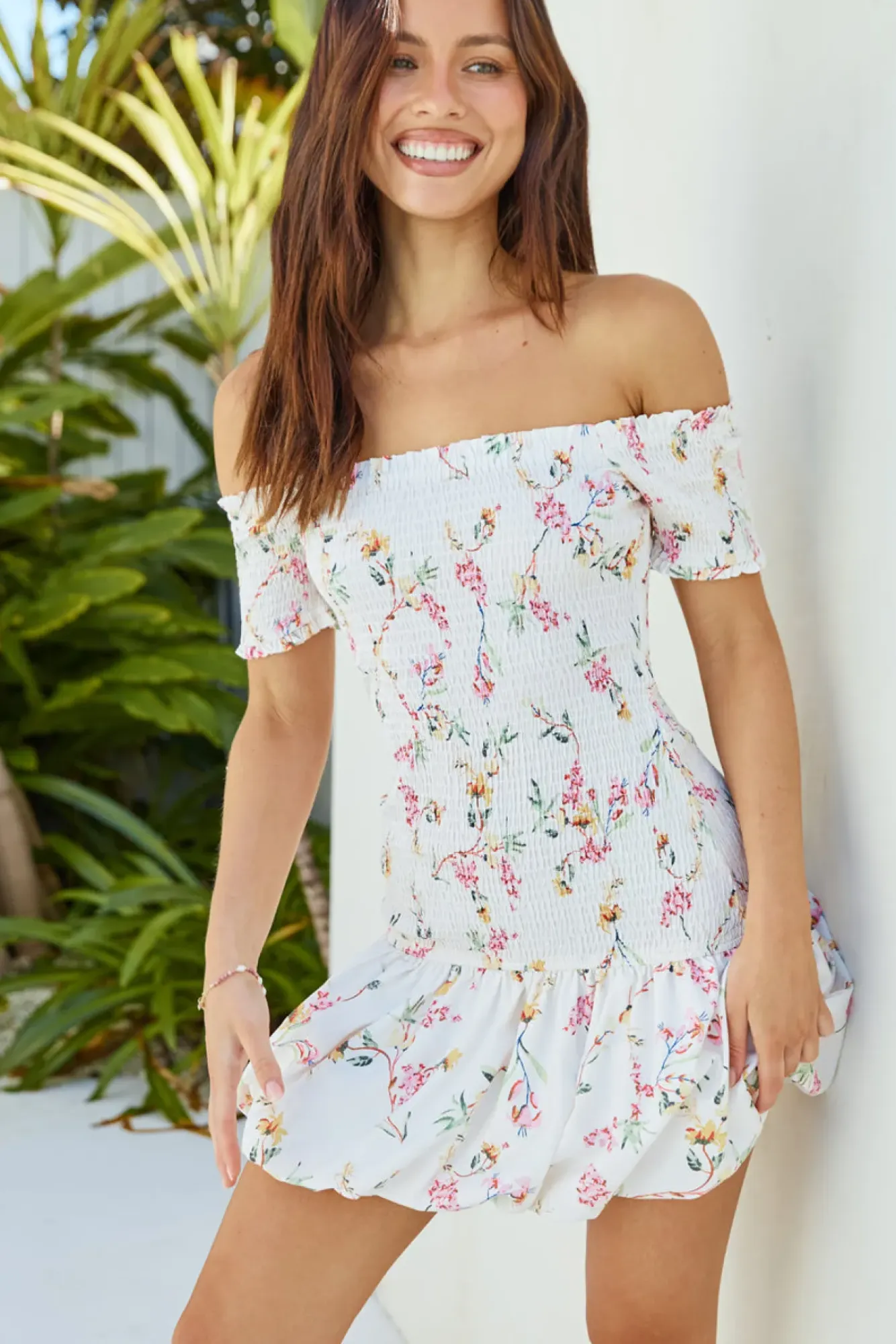Spring Break Dresses|Brunch Dresses>Hello Molly Mimi Off Shoulder Mini Dress Beige