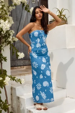 Vacation Dresses|Brunch Dresses>Hello Molly Mykonos Mode Strapless Maxi Dress Blue