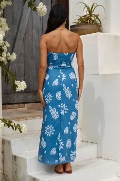 Vacation Dresses|Brunch Dresses>Hello Molly Mykonos Mode Strapless Maxi Dress Blue