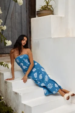 Vacation Dresses|Brunch Dresses>Hello Molly Mykonos Mode Strapless Maxi Dress Blue