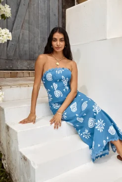Vacation Dresses|Brunch Dresses>Hello Molly Mykonos Mode Strapless Maxi Dress Blue