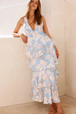 Wedding Guest Dresses|Cocktail Dresses>Hello Molly Ocean Trails Satin Maxi Dress Blue