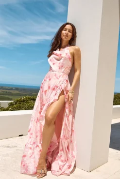 Wedding Guest Dresses|Cocktail Dresses>Hello Molly Palm Tree Island Halter Maxi Dress Pink