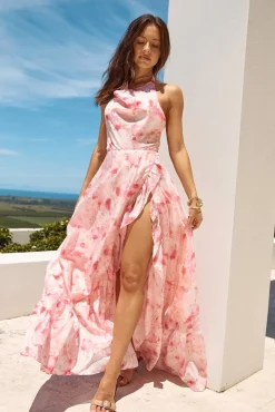 Wedding Guest Dresses|Cocktail Dresses>Hello Molly Palm Tree Island Halter Maxi Dress Pink