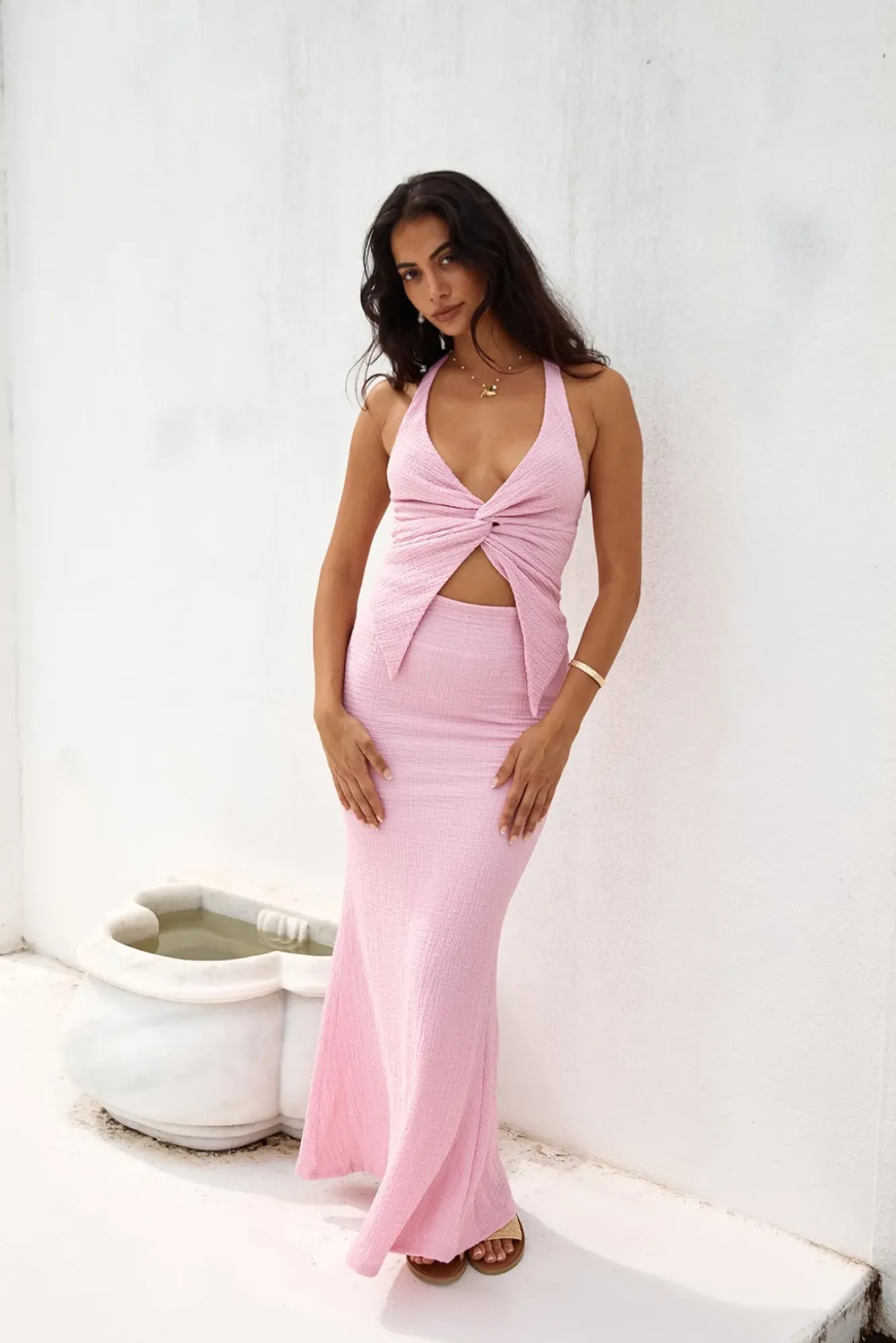 Cropped>Hello Molly Palm Tree Paradise Halter Top Pink