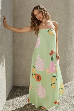 Spring Break Dresses|Multipattern Dresses>Hello Molly Patio Dining Strapless Maxi Dress Green