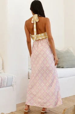 Brunch Dresses|Multipattern Dresses>Hello Molly Picnic Date Satin Maxi Dress Pink