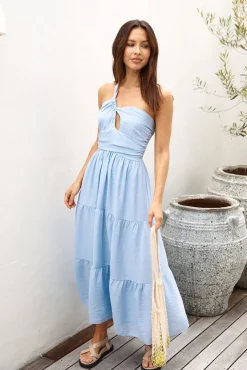 Cocktail Dresses|Vacation Dresses>Hello Molly Pure Satisfaction One Shoulder Maxi Dress Blue