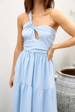 Cocktail Dresses|Vacation Dresses>Hello Molly Pure Satisfaction One Shoulder Maxi Dress Blue
