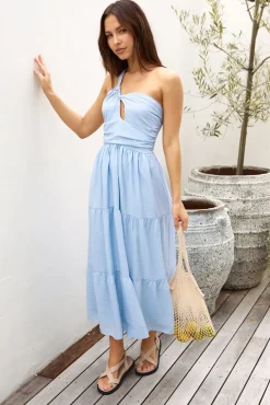 Cocktail Dresses|Vacation Dresses>Hello Molly Pure Satisfaction One Shoulder Maxi Dress Blue