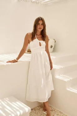 Cocktail Dresses|Vacation Dresses>Hello Molly Pure Satisfaction One Shoulder Maxi Dress White