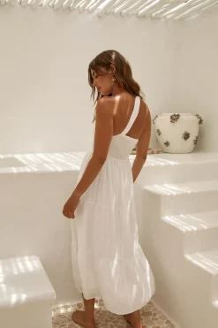 Cocktail Dresses|Vacation Dresses>Hello Molly Pure Satisfaction One Shoulder Maxi Dress White