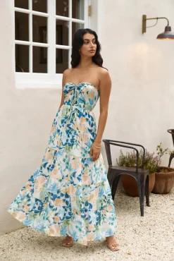 Vacation Dresses|Brunch Dresses>Hello Molly Rainforest Oasis Strapless Maxi Dress Blue