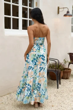 Vacation Dresses|Brunch Dresses>Hello Molly Rainforest Oasis Strapless Maxi Dress Blue
