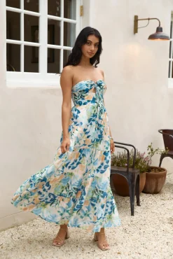 Vacation Dresses|Brunch Dresses>Hello Molly Rainforest Oasis Strapless Maxi Dress Blue