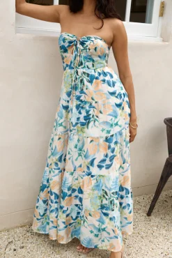 Vacation Dresses|Brunch Dresses>Hello Molly Rainforest Oasis Strapless Maxi Dress Blue