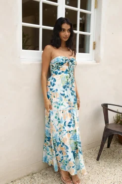Vacation Dresses|Brunch Dresses>Hello Molly Rainforest Oasis Strapless Maxi Dress Blue