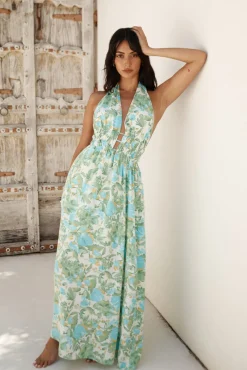 Vacation Dresses|Spring Break Dresses>Hello Molly Ripe Mango Halter Maxi Dress Green