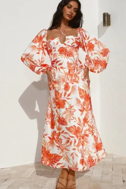 Vacation Dresses|Floral Dresses>Hello Molly Rise Up Halter Maxi Dress Orange
