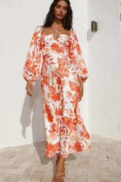 Vacation Dresses|Floral Dresses>Hello Molly Rise Up Halter Maxi Dress Orange