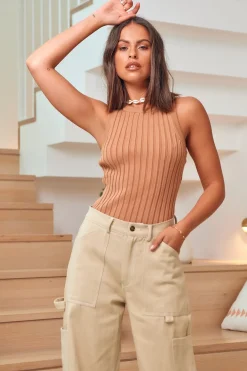 Tank Tops And Singlets|Cropped>Hello Molly Rolling Clouds Knit Top Brown
