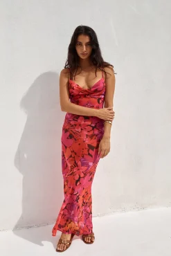 Wedding Guest Dresses|Cocktail Dresses>RUNAWAY THE LABEL Bad Romance Sheer Maxi Dress Pink Floral