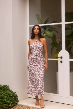 Vacation Dresses|Date Night Dresses>Hello Molly Sand Dune Halter Midi Dress Chocolate